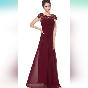 Ever Pretty Cap Sleeve Lace Neckline Ruched Bust Formal Evening Dress